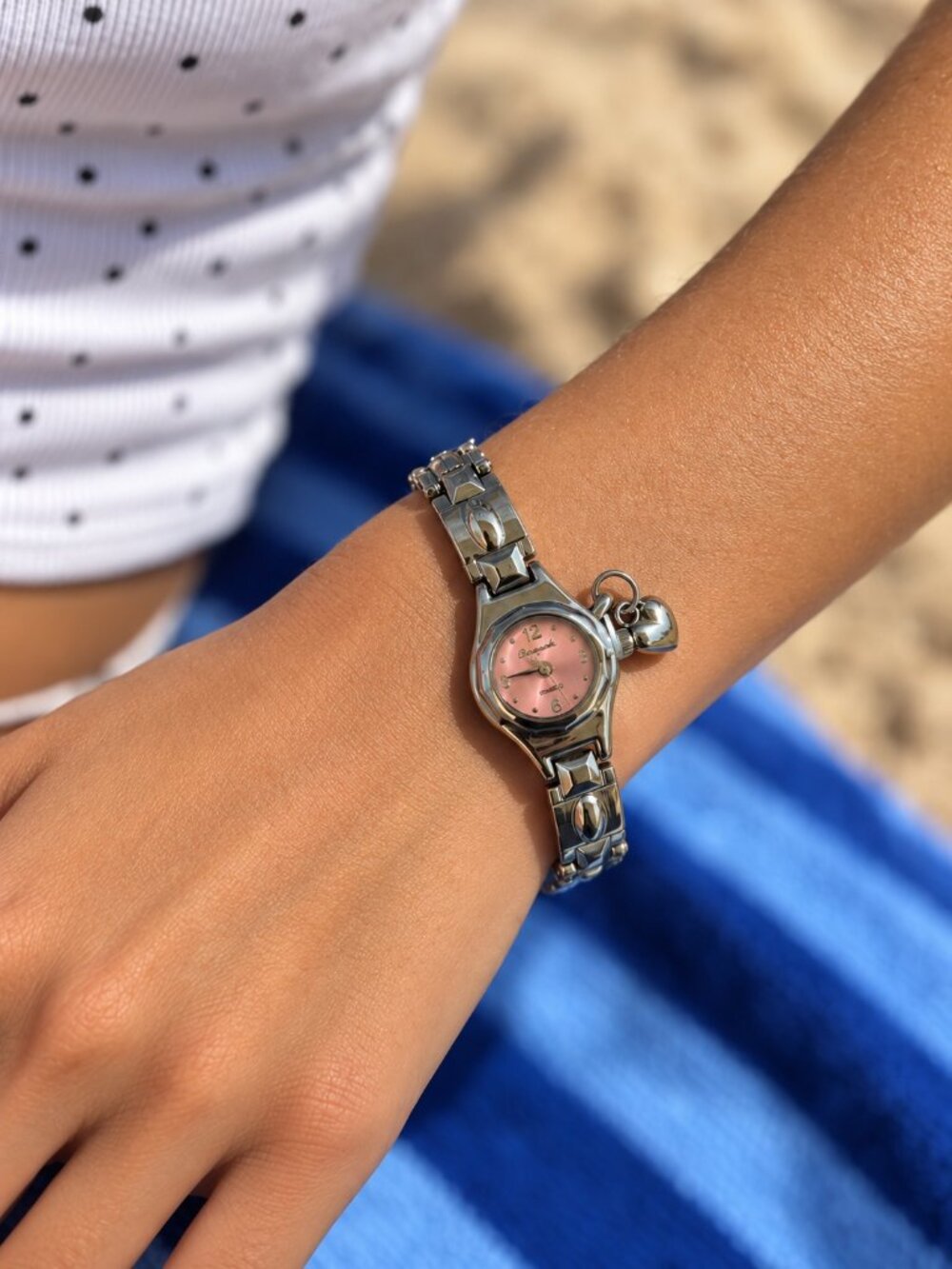 Y2K Silver Pink Dial Charm Bracelet Watch Silver Tone Coquette Summer OS